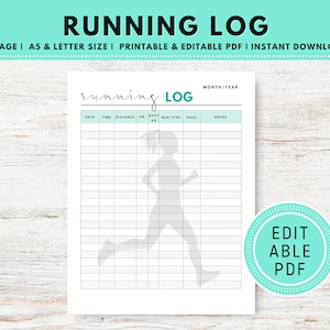 Seguimiento de registro de carrera, planificador de entrenamiento y jogging imprimible, tabla de ejercicios, PDF editable en tamaño A5 y carta