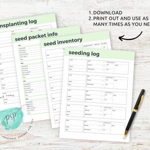 Op de afbeelding: Printbare tuinlogboekpagina's met groene accenten. De pagina's bevatten secties voor verplanten, informatie over zaadzakjes, zaadvoorraad en zaailogboek. De tekst "1. DOWNLOAD 2. PRINTEN EN ZO VAAK GEBRUIKEN ALS NODIG!" staat bovenaan de pagina.