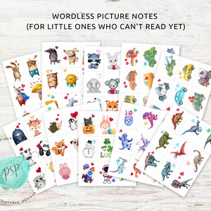 May include: A set of printable wordless picture notes for young children. The cards feature various illustrations of animals, vehicles, and other objects. The cards are designed to help children learn to communicate and express themselves without using words.