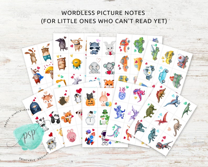 May include: A set of printable wordless picture notes for young children. The cards feature various illustrations of animals, vehicles, and other objects. The cards are designed to help children learn to communicate and express themselves without using words.
