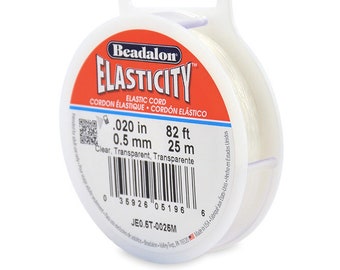 May include: A spool of clear elastic cord, Beadalon Elasticity, 0.020 in (0.5 mm), 82 ft (25 m), for jewelry making.