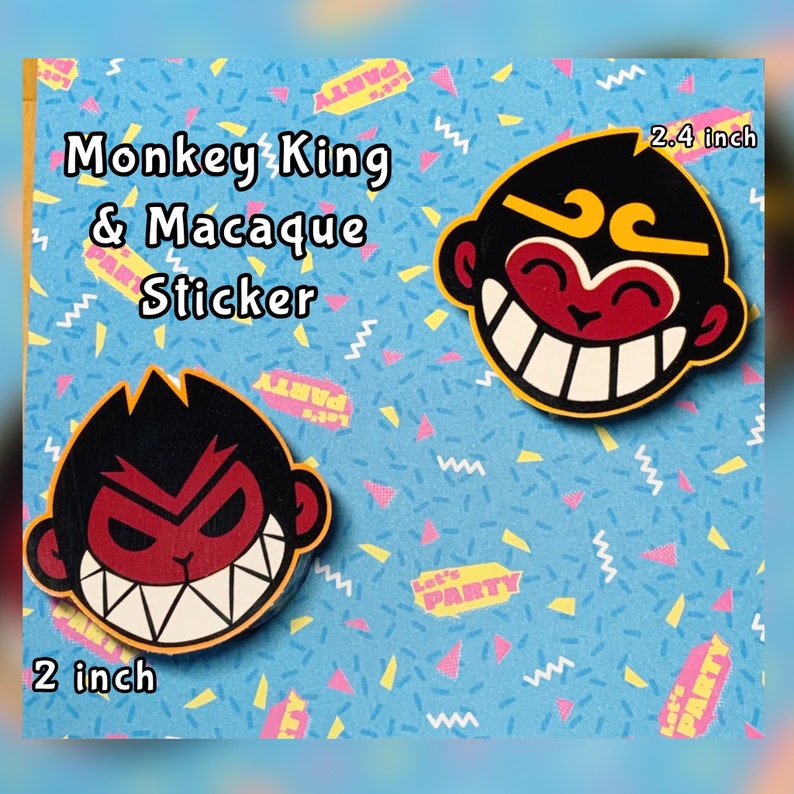 May include: Two stickers featuring cartoon monkey faces. One is 2.4 inches, the other is 2 inches. The stickers have black hair, red faces, and white teeth. The background is light blue with a repeating pattern of zigzags and the words "Let's Party".