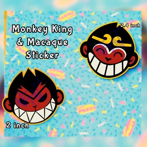May include: Two cartoon stickers featuring monkey faces with angry expressions and large white teeth. One sticker is 2 inches, the other is 2.4 inches. The stickers are black, red, and yellow, with the text "Monkey King & Macaque Sticker" on a blue background.