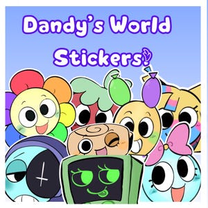 Puede incluir: Una colección de pegatinas de dibujos animados coloridos con varios personajes sonrientes con diseños únicos. El texto "Dandy's World Stickers?" se muestra en morado sobre un fondo azul claro. Las pegatinas tienen una estética lúdica y caprichosa.