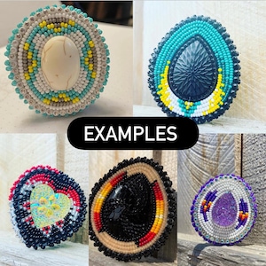 May include: A collection of five circular beaded pins featuring various central stones and cabochons. The designs incorporate intricate patterns of small glass beads in colors including turquoise, white, yellow, black, red, and purple, with the text EXAMPLES.