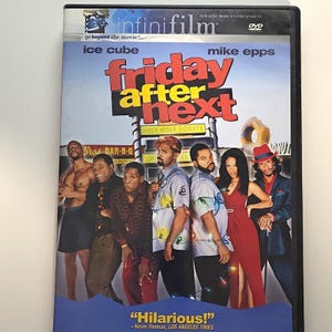 May include: A DVD case for the movie Friday After Next featuring the title in large red and yellow letters. The cover displays a cast of six people standing in front of a Holy Moly Donuts shop. The bottom includes the text Hilarious! Kevin Thomas.