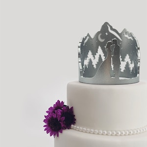 Mountain Stargazing Night Sky Wedding Cake Topper | Custom Painted and Engraved Acrylic Crown | Silhouette Bride and Groom