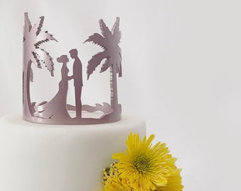 Tropical Beach Destination with Bride and Groom Acrylic Cake Topper and Personalized Keepsake