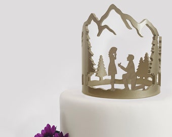 Tårtdekoration med Mountain Design och förlovningsfest | Specialmålad och graverad akrylkrona | Silhuett för par