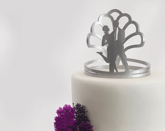 Art Deco Fan Wedding Cake Topper | Custom Painted and Engraved Acrylic Crown | Full Circle Silhouette Couple | Decoration Keepsake