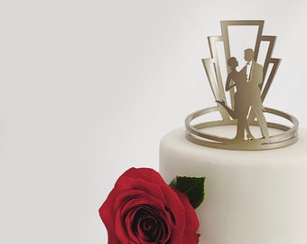 Art Deco Wedding Cake Topper | Custom Painted and Engraved Acrylic Crown | Silhouette Couple Keepsake