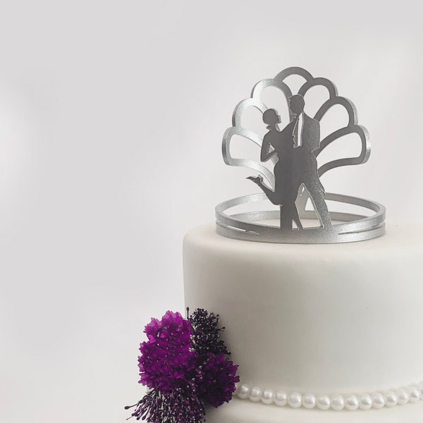 Art Deco Fan Wedding Cake Topper | Custom Painted and Engraved Acrylic Crown | Full Circle Silhouette Couple | Decoration Keepsake