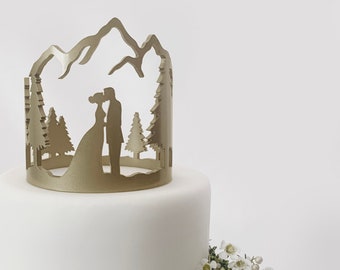 Mountain Wedding Cake Topper | Custom Painted and Engraved Acrylic Crown | Silhouette Couple Keepsake