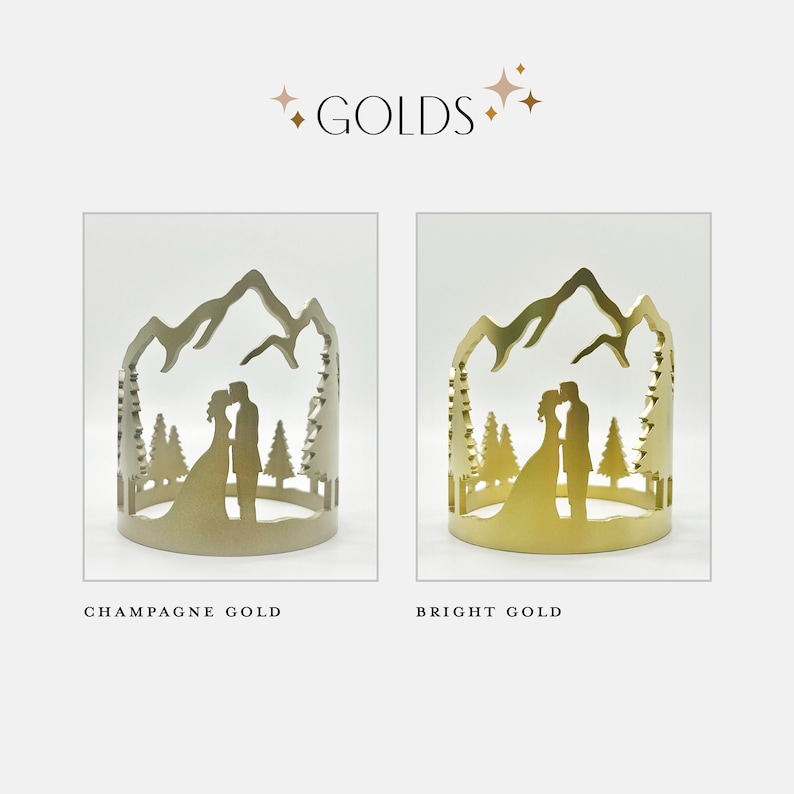 Color options of bright gold and champagne gold cake topper. Bride and groom kissing in the mountains. Colorado, Montana, California, Washington, Wyoming.