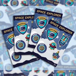 Feuilles d'autocollants personnalisées sur l'espace | Feuilles d'autocollants pour cadeaux d'anniversaire | Cadeaux personnalisés | Stickers prénoms pour sacs de fête