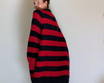 Red and black striped oversized cardigan, long knit sweater, boho chic style, unisex cardigan