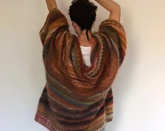 Pure mohair and silk kimono cardigan | Handcrafted jacket | Lightweight oversized kimono, 200g | Warm autumnal tones
