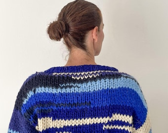 Oversized multicolored sweater in shades of blue and cream, double face, very warm and comfortable, perfect for every look