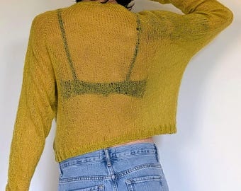 Lime Yellow Mohair and Silk Sweater | Handcrafted Seamless | Lightweight Pure Mohair Pullover | Women's Artisan Knit