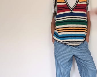 Pure cotton vest with colorful stripes, large proportions, one-of-a-kind piece entirely handmade, finished with 1/1 rib