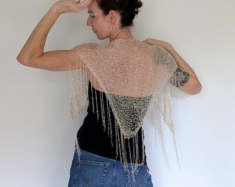 Champagne Sequin Shawl with Fringes | Handmade Sparkle Shawl | Multifunctional Wrap, Pareo, Scarf, or Headwear | One-of-a-kind