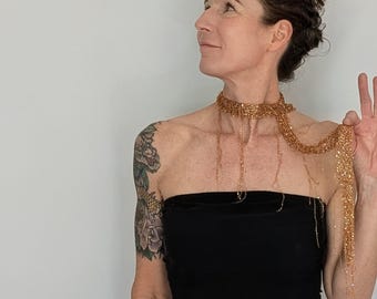 Copper Jewel Scarf with Fringes | Handmade Skinny Scarf with Sequins | Bright Elegant Accessory | Handcrafted Scarf Necklace