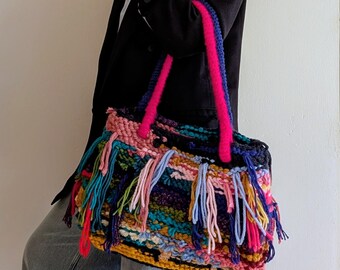 Handmade Multicolored Bag with Fringes – One-of-a-kind Thick Yarn, Oversized Artistic Tote Bag