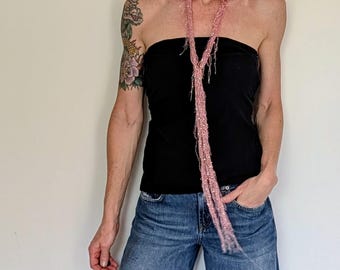 Handmade Pink Sequin Scarf – Sparkling Textile Necklace with Fringes – One-of-a-kind Handcrafted Accessory