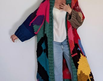 Long artistic coat in multicolored wool, unique handmade knitted work (stranded colorwork