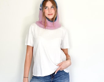 Handmade Pink and Teal Balaclava in Mohair, Silk, and Merino Wool | Handmade Neck Warmer | One-of-a-kind