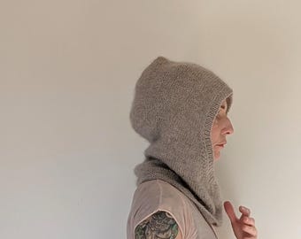 Handmade Light Grey Mohair, Silk and Merino Wool Balaclava for Women – Soft Winter Scarf Hood – Handmade Balaclava