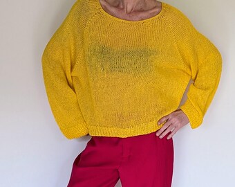 Handmade Pure Linen Sweater | Seamless Sweater | Oversized Yellow Sweater | Handcrafted Knit Linen Pullover