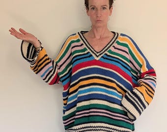Oversized recycled cotton sweater, colorful stripes for this handmade garment.