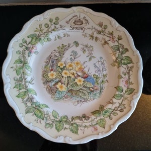 Puede incluir: Un plato de cerámica blanco con borde festoneado presenta una ilustración colorida de una escena de bosque con flores, un conejo y un pájaro. El plato tiene un borde verde con hojas y enredaderas. El texto "Brambly Hedge Spring" está impreso en marrón en el plato.