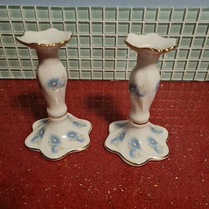 Pair of Newbury bone china candlesticks pretty blue flowers