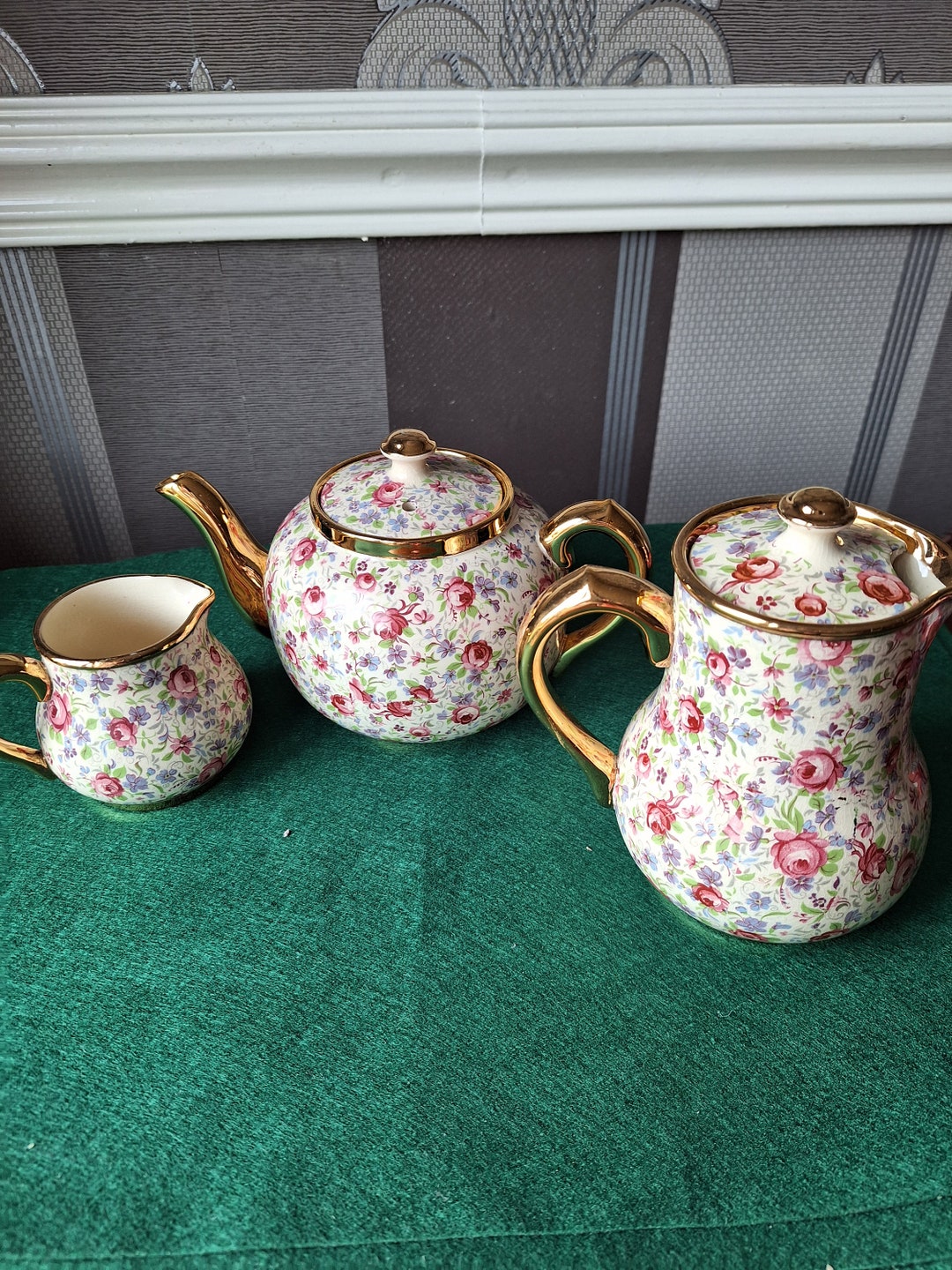 Sudlows Burslem Teapot, Water Jug and Milk Jug in Floral Chintz Design