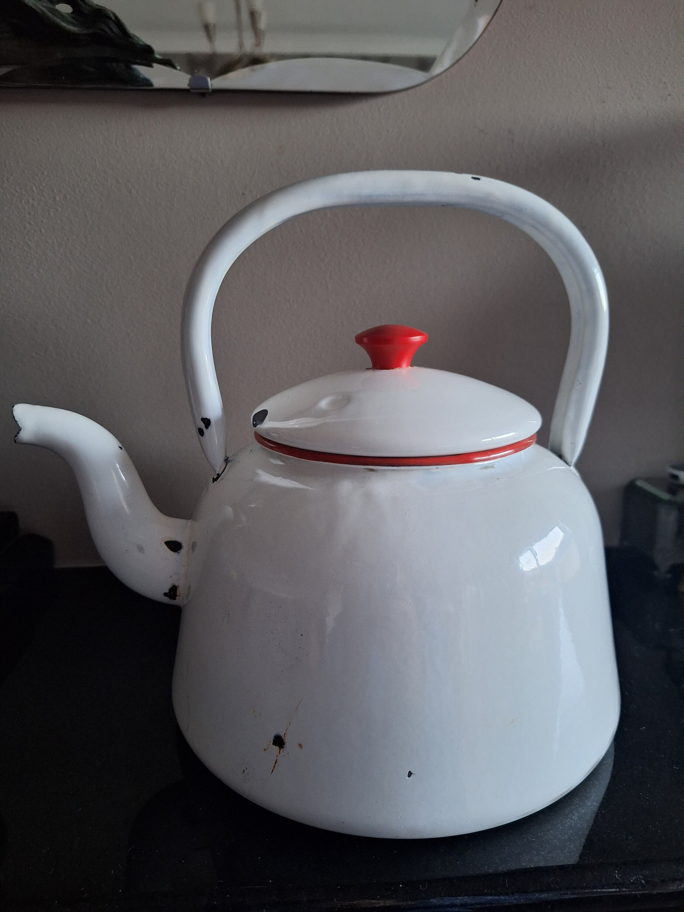 Classic Vintage Kockums Sweden White Enamelware Teapot Old Tea