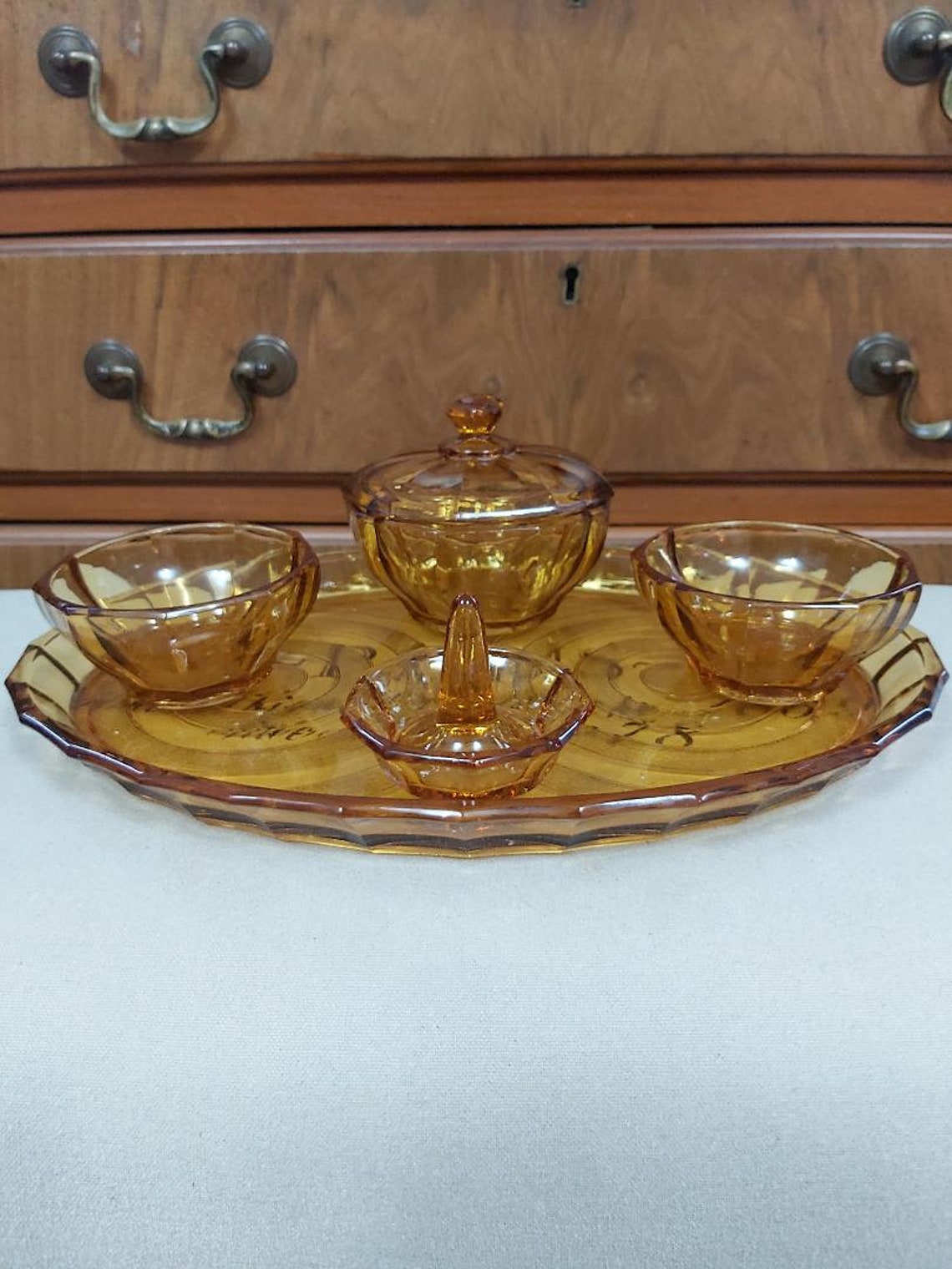 Lovely 5 piece amber glass vintage dressing table set Etsy