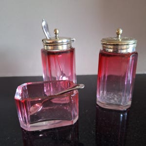 beautiful vintage cranberry glass silver plate salt pepper mustard servers/pots