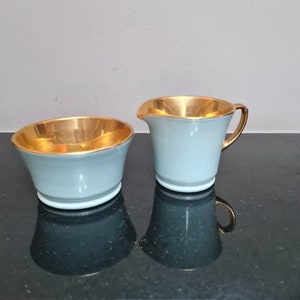 Vintage guldförgylld krona Devon, Fieldings mjölk-/gräddkanna och socker