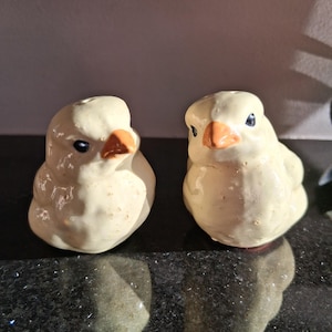 Peut inclure: Deux salières et poivrières en céramique en forme d'oiseaux. Les oiseaux sont de couleur jaune crème avec des becs orange et de petits yeux noirs. Ils sont posés sur une surface sombre et réfléchissante.