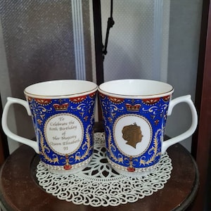 Pair of Ringtons bone china mugs celebrating the 80th Birthday of Queen Elizabeth II