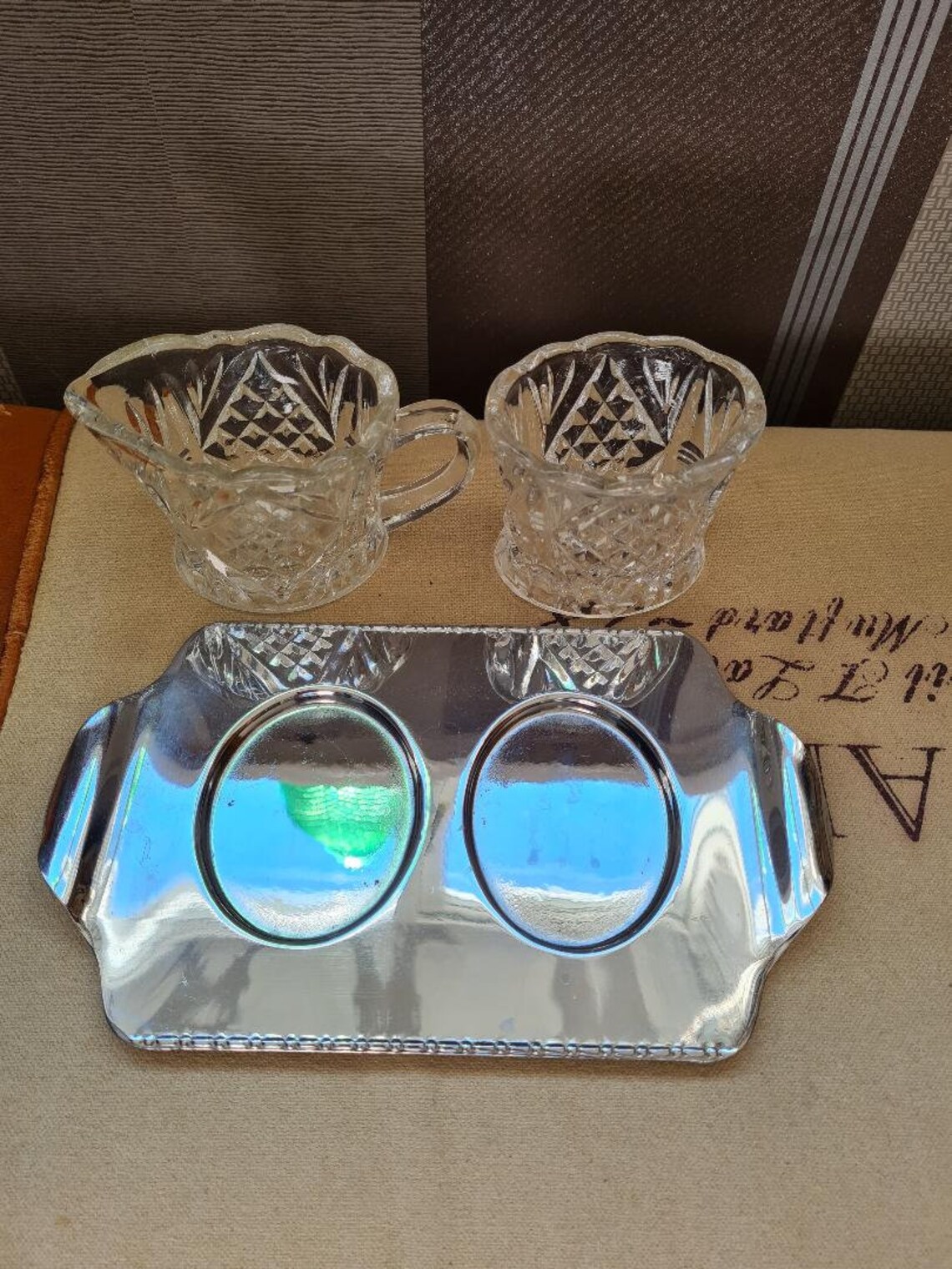 Pretty glass milk jug and sugar bowl on silver metal tray Etsy