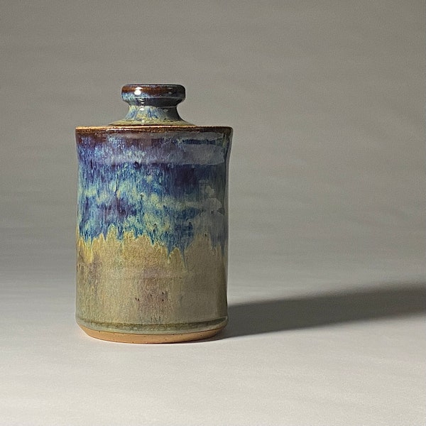 Stoneware Jar With Lid Blue Brown Ceramic Handmade Pottery Coffee Canister Lidded Jar Countertop Container Cottage Core Modern Farmhouse