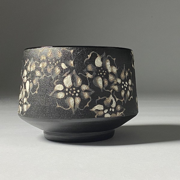 Handmade Pottery Tea Bowl Black and White Floral Print Stoneware Ceramic Japanese Matcha Chawan Tea Lover Gift Contemporary Aesthetic