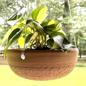 Handmade Stoneware Natural Hanging Planter: Rustic Chic Ceramic Pot for Porch Patio Decor