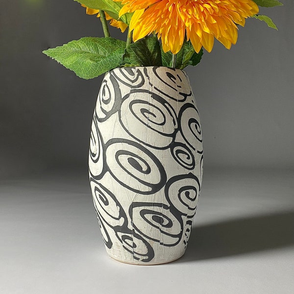 Ceramic Vase Black and White Handmade Stoneware Pottery Bold Abstract Mono Print Flower Vase Contemporary Minimalist Decor Neutral Accent