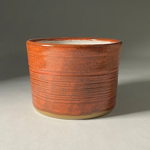 May include: A terracotta-colored ceramic planter with a white rim and a textured, striped design.