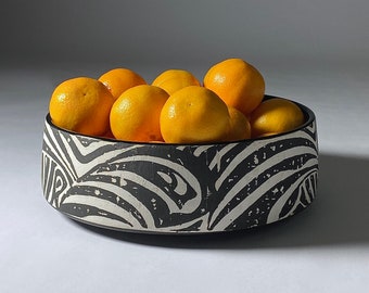 Black and White Serving Bowl Wavy Line Print Stoneware Ceramic Handmade Pottery Fruit Bowl Unique Gift for Her Contemporary Aesthetic