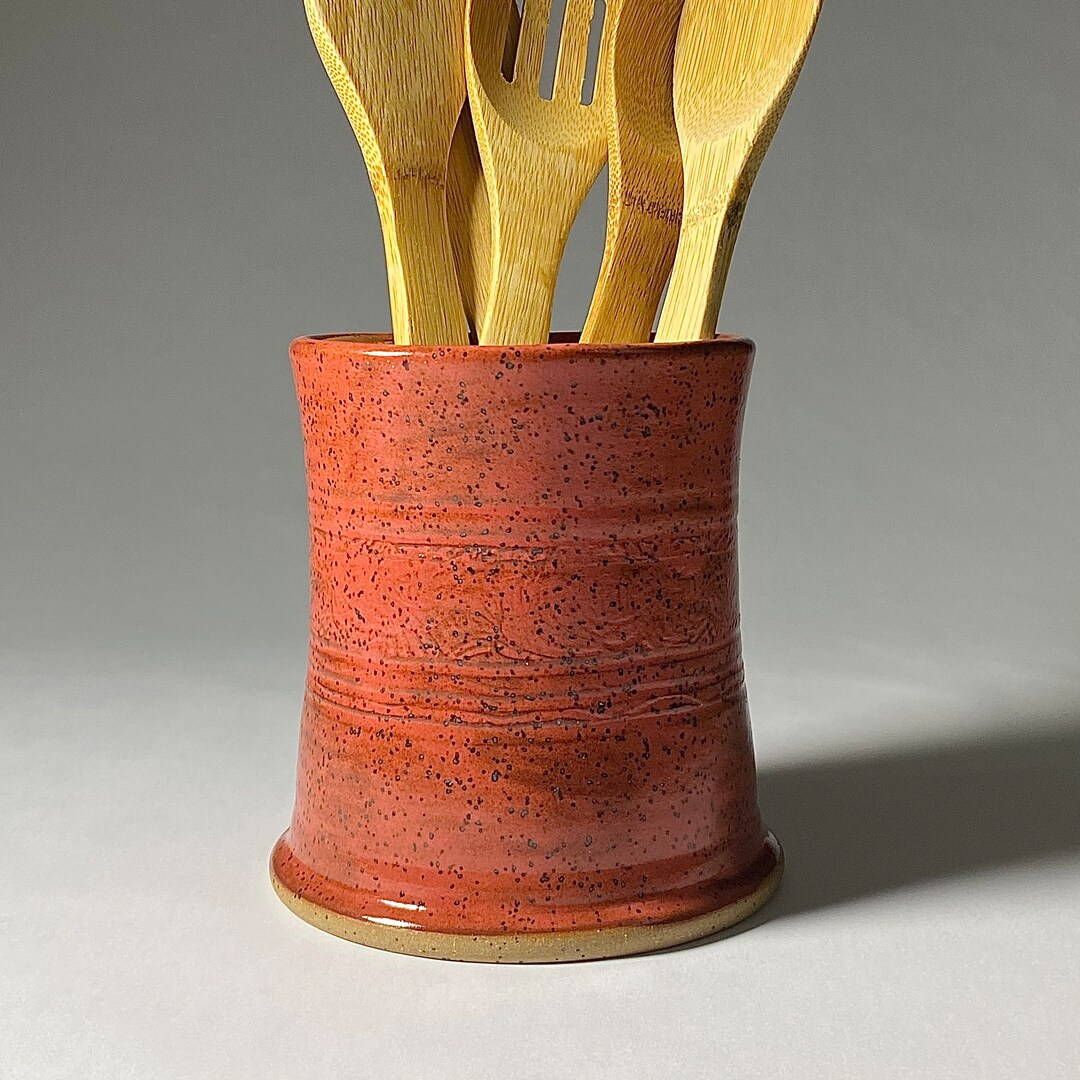 Rustic Red Kitchen Utensil Holder Handmade Stoneware Pottery Crock ...